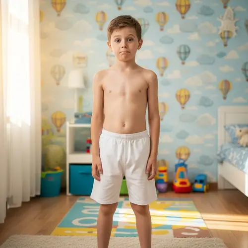 Confused 8-Year-Old Boy in White Shorts | Child's Bedroom Scene