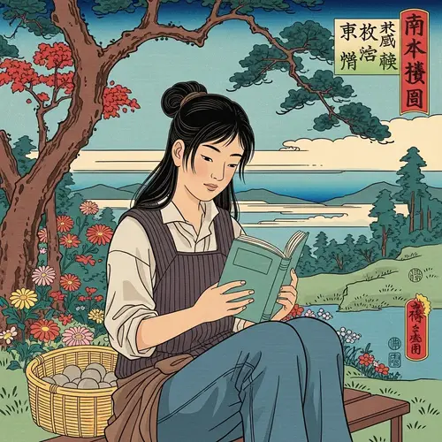 Teen Girl Enjoying Book in Hayao Miyazaki-Inspired Scene
