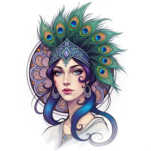 Whimsical Woman Portrait: Art Nouveau-Inspired Peacock Feathers