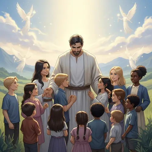 Jesus and Children Interacting Joyfully in Serene Landscape