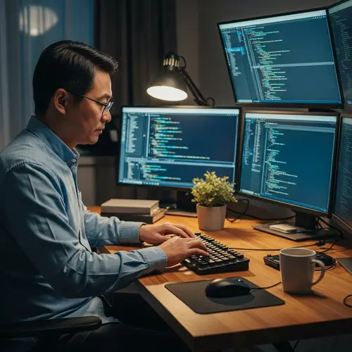 Middle-Aged Asian Programmer Typing Code - Programmer in Action