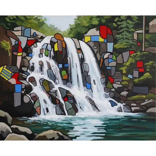 Abstract Waterfall Art: Vibrant Hues & Geometric Shapes