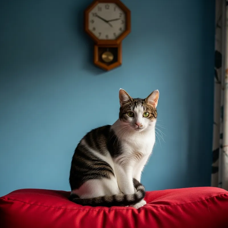 Cute Short-Haired Cat Resting on Red Cushion | Pet Photography