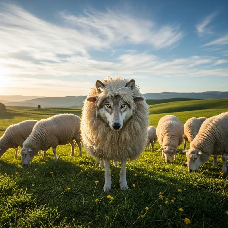 Wolf Disguised as Sheep in Serene Setting