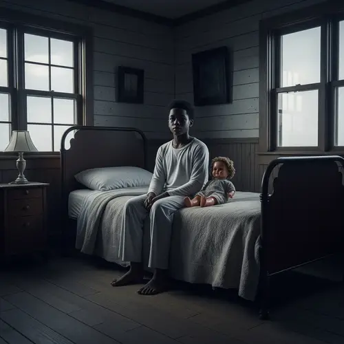 Ethereal Black Ghost on Antique Bed in Haunted Lighthouse Bedroom