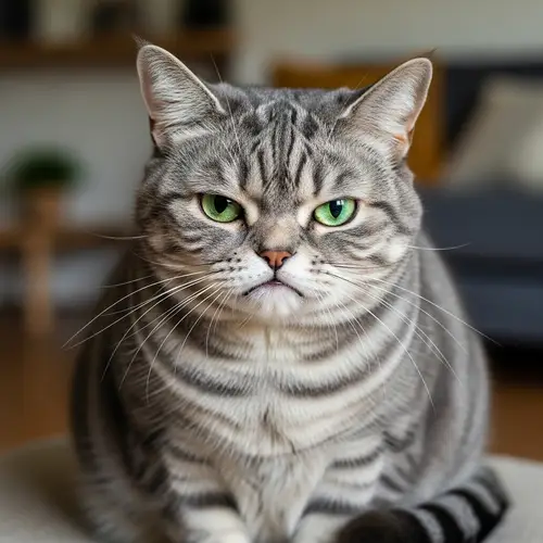 Chubby Gray Cat with Dark Stripes | Green Eyes