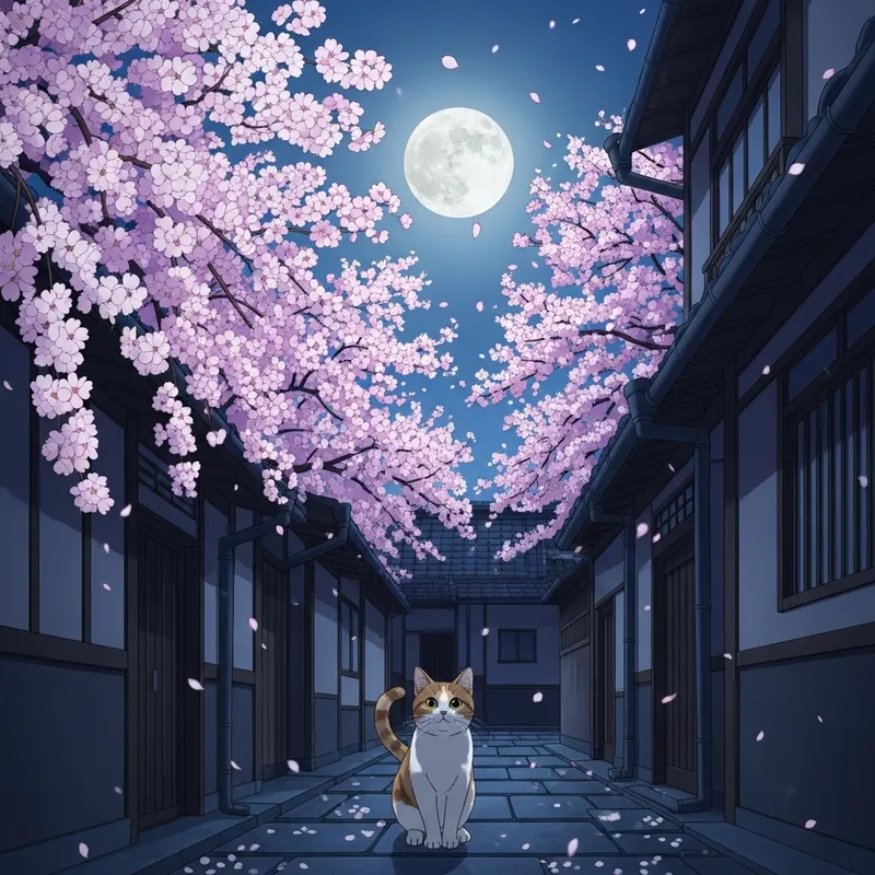 Cat in Japanese Alley Under Cherry Blossoms & Full Moon