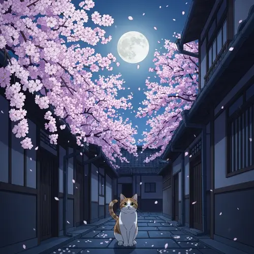 Cat in Japanese Alley Under Cherry Blossoms & Full Moon