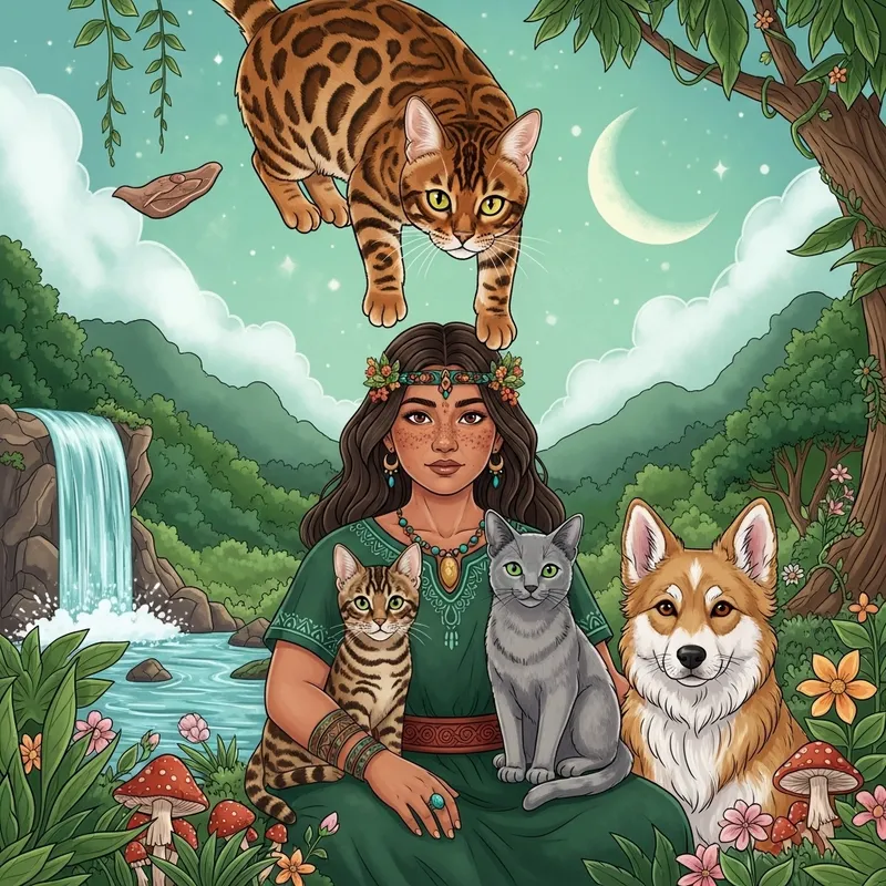 Mystical Shaman Scene with Bengal Cat, Animals, and Moon