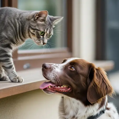 Charismatic Grey Cat Playfully Engaging with Brown and White Dog