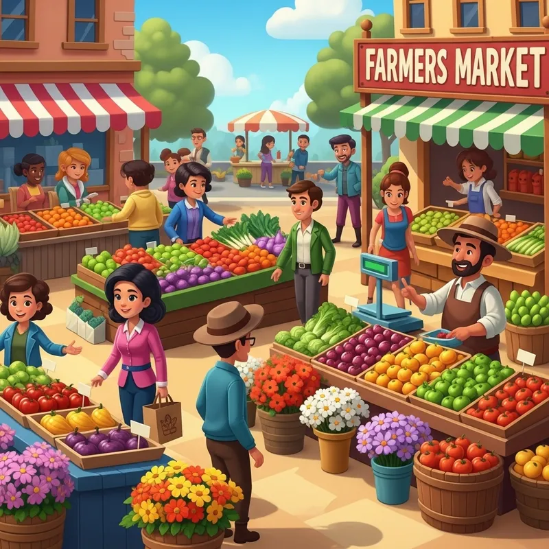 Colorful Farmers Market Cartoon | Fruits, Vegetables & Flowers