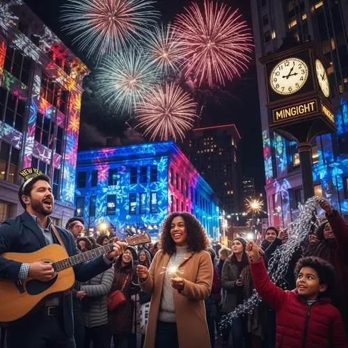 Diverse New Year's Eve Celebration in Vibrant Downtown Scene