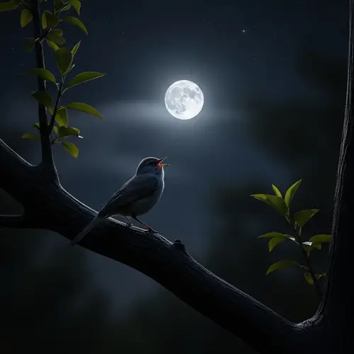 Serenity of Night: Bird Chirping under a Full Moon