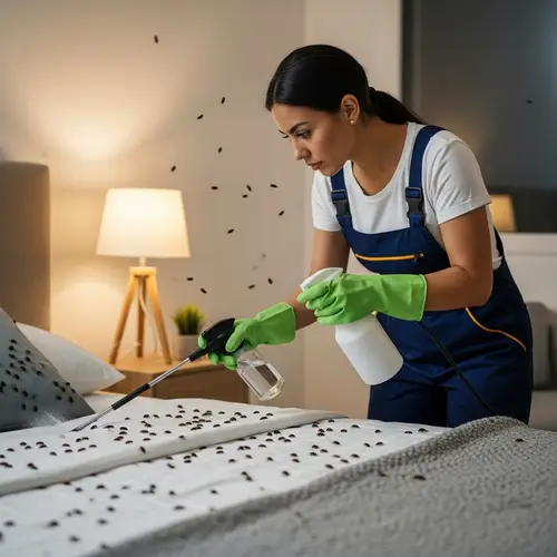 Hispanic Female Cleaner Battling Bedbugs in Bedroom
