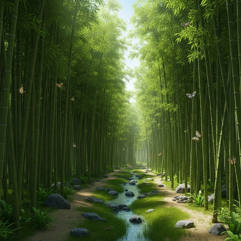 Realistic Enchanting Giant Bamboo Dendrocalamus Asper Forest with Streams