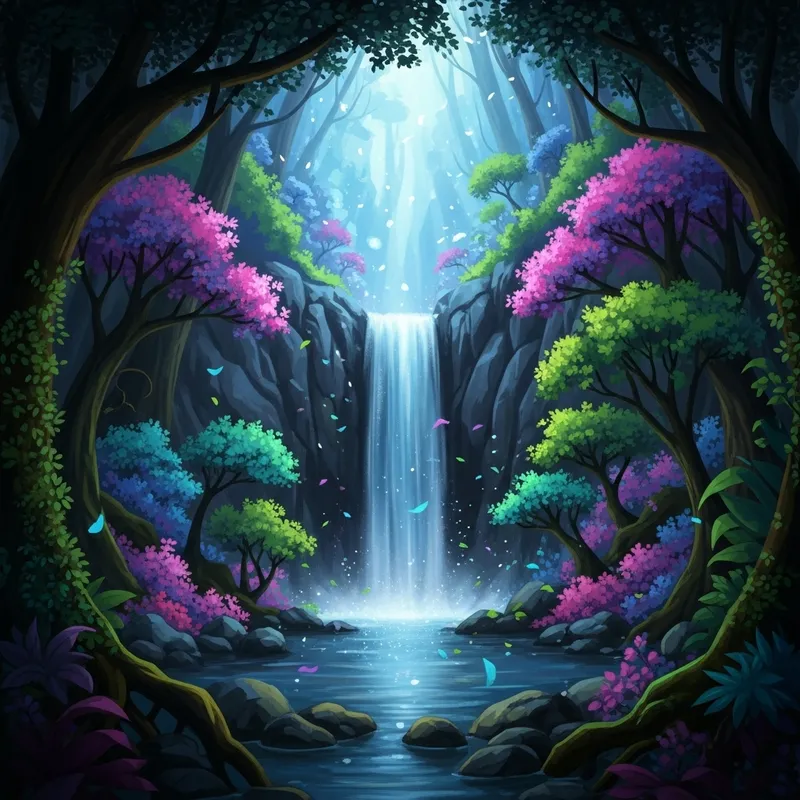 Mystical Forest Waterfall - Vibrant Fantasy Landscape View