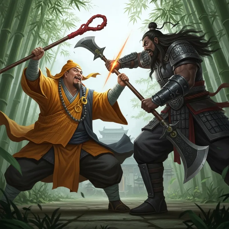 Monk Lu Zhishen vs. Dark Warrior Li Kui Battle in Bamboo Forest - Epic Encounter
