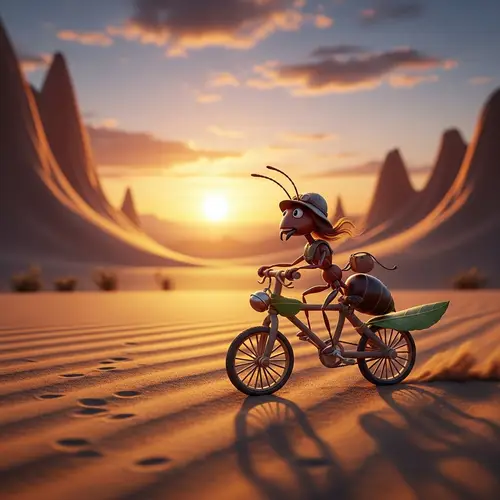 Joyful Ant Riding Tiny Bicycle in Expansive Desert
