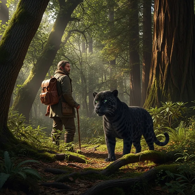 Mysterious Encounter: Wanderer with Black Jaguar in Forest