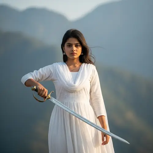 Confident South Asian Girl with Antique Sword in Mountains