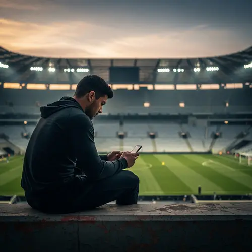 Hispanic Athlete Engrossed with Smartphone at Sports Stadium