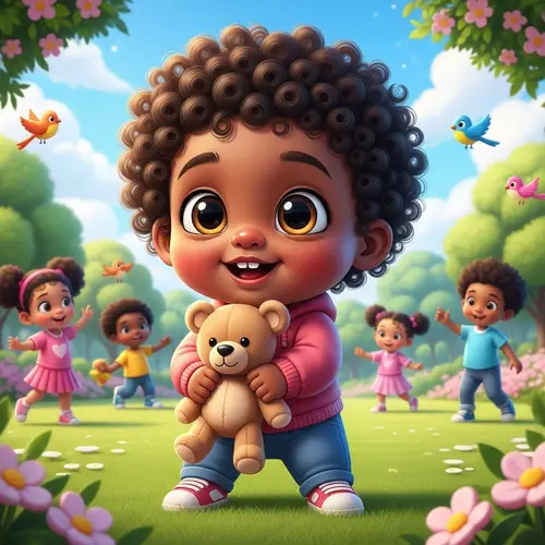 Delightful Cartoon Black Toddler Playing in Sunny Park