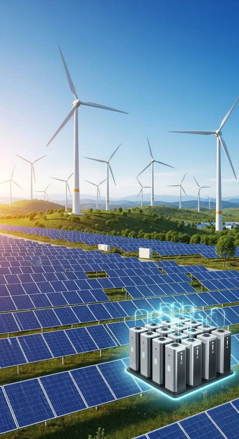 Futuristic Green Energy: Solar Panels, Wind Turbines & Battery Storage