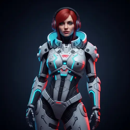 Radiant Red-Haired Biorobot Woman in Cyberpunk Battle Suit