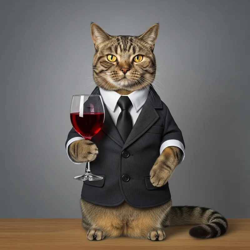 Elegant Cat in Business Suit Holding Wine Glass