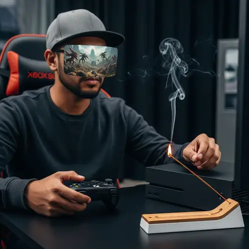 South Asian Male Gamer Lighting Incense | Gaming Fantasy Scene