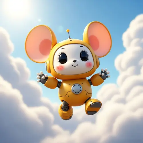 Cartoon Pikachu Bot Jumping in Cloudy Sky