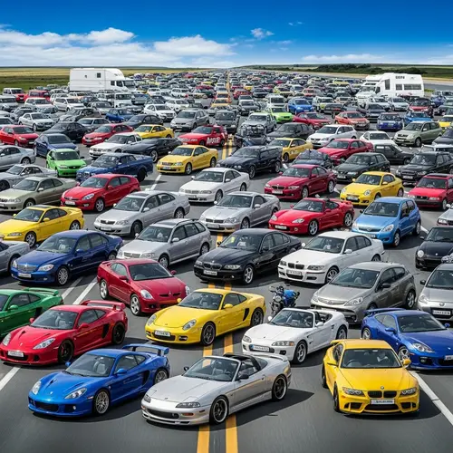 Colorful Exhibition of Vehicles on Expansive Highway