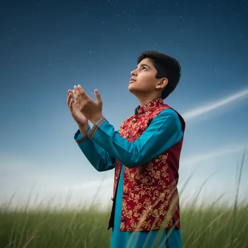 Serene South Asian Boy Communicating with God Under Starlit Sky