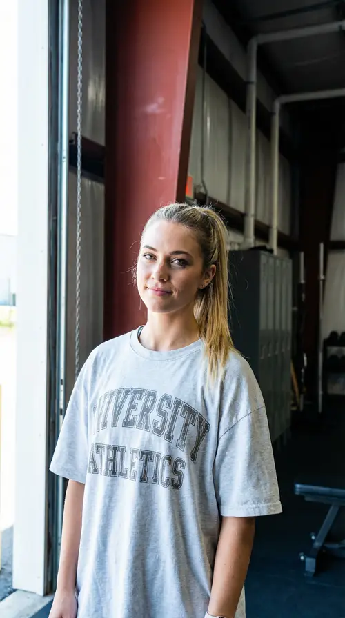 Sporty Style: Tall Blonde in Gray T-Shirt