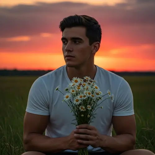 Serene Sunset Moment: Young Man with Daisies in Field