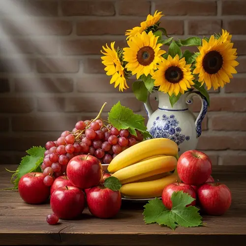 Still Life Scene with Fruits on Wooden Table | Artistic Display