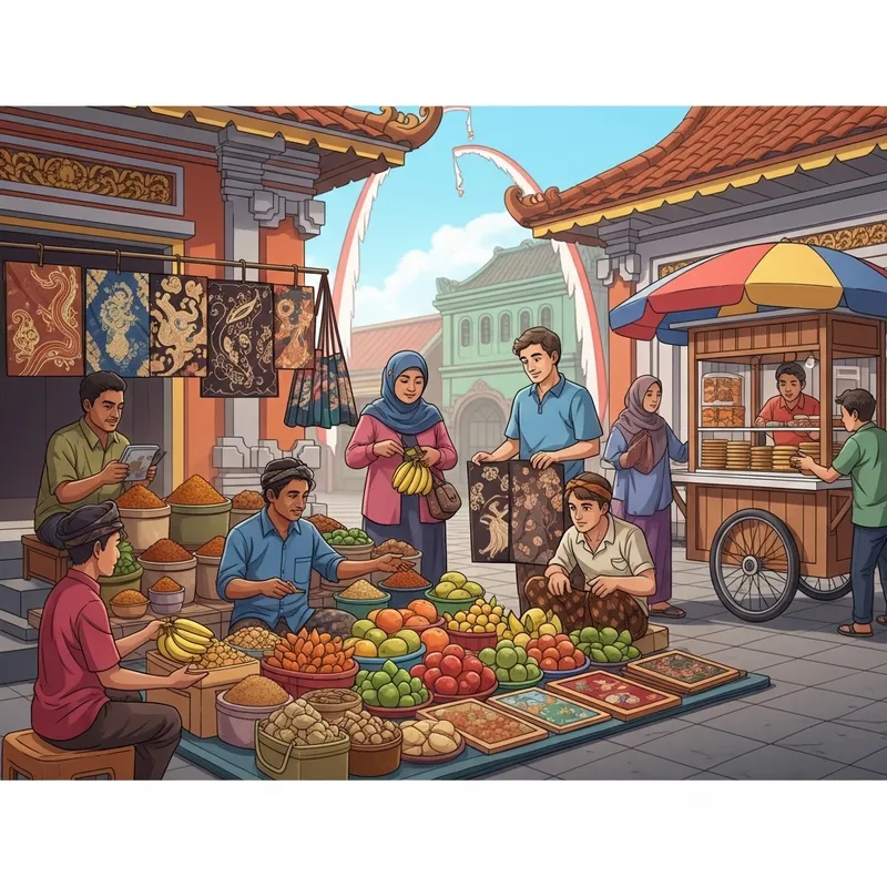 Indonesian Street Market: Busy Day Scene with Diverse Vendors