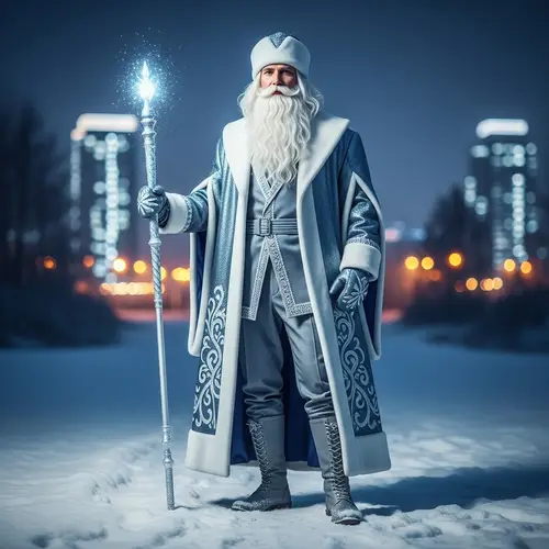 Modern Ded Moroz in Snowy Landscape