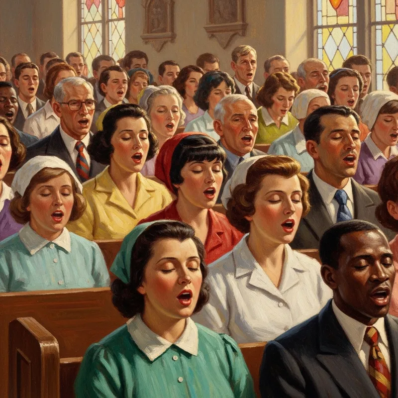 Nostalgic Church Pews Serenade - Joyous Congregation Painting