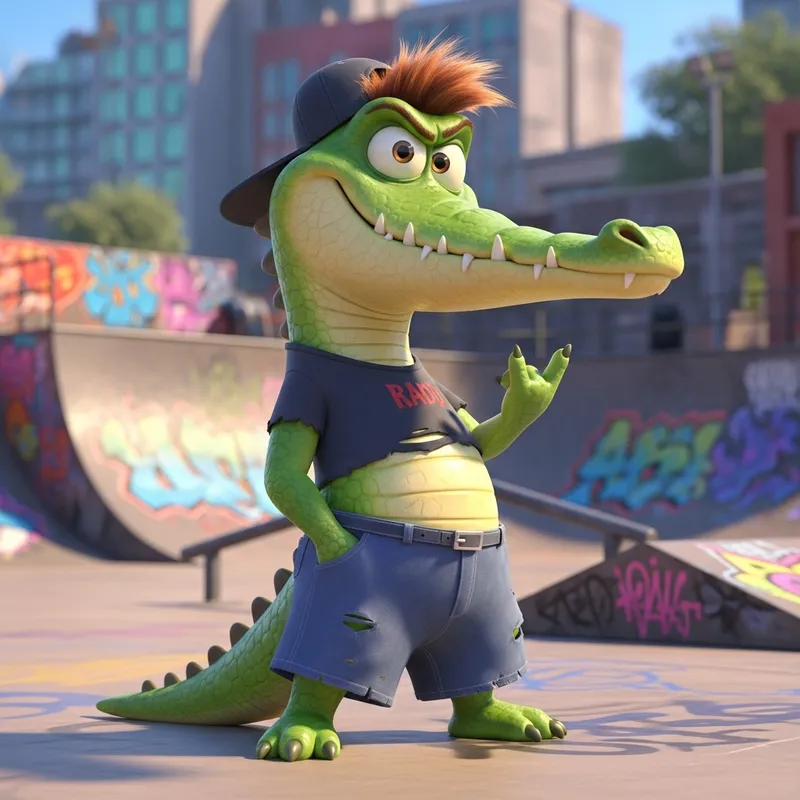 Funny Teenage Crocodile Cartoon in 3D - Playful Youthful Rebellion Funny Teenage Crocodile Cartoon in 3D - Playful Youthful Rebellion