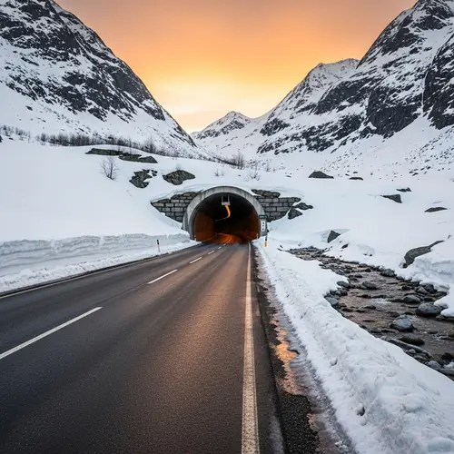 Late Winter Road Tunnel Surrounded by Snow-Capped Mountains