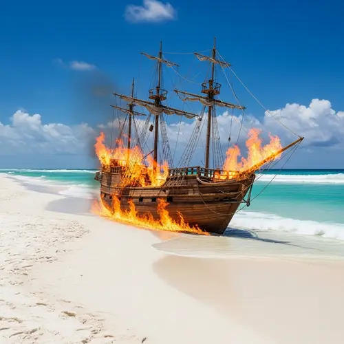 Photorealistic Pirate Ship Ablaze on White Sand Beach