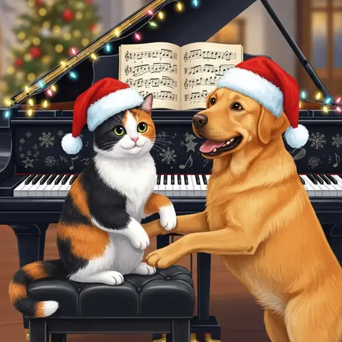 Christmas Cat and Dog Playing Piano | Cute Holiday Illustration