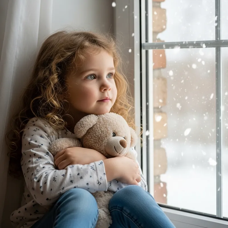 Adorable Girl with Blond Curls Hugging Toy, Looking at Snow