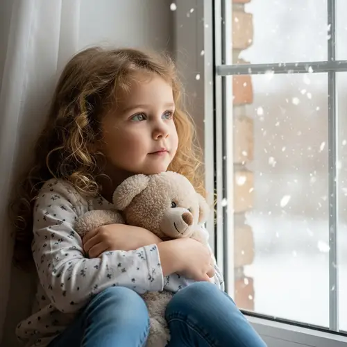 Captivating Portrait of a Young Girl Embracing a Plush Toy by Window