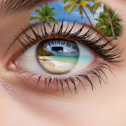Brown Eye with Serene Beach Reflection - Intriguing Close-up View