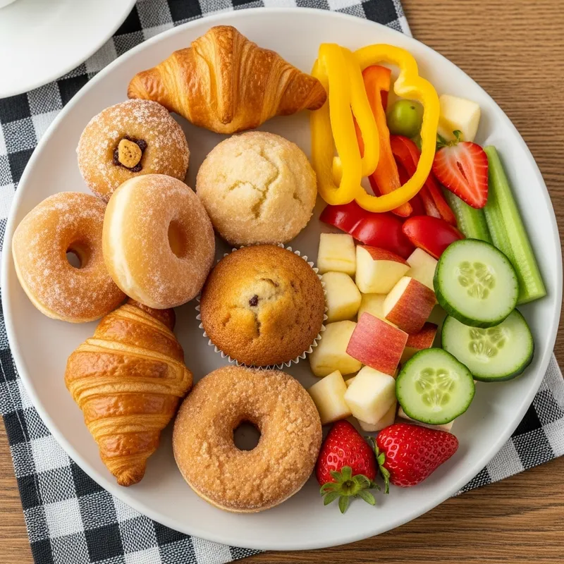 Mixed Plate of Pastries, Vegetables, and Fruits
