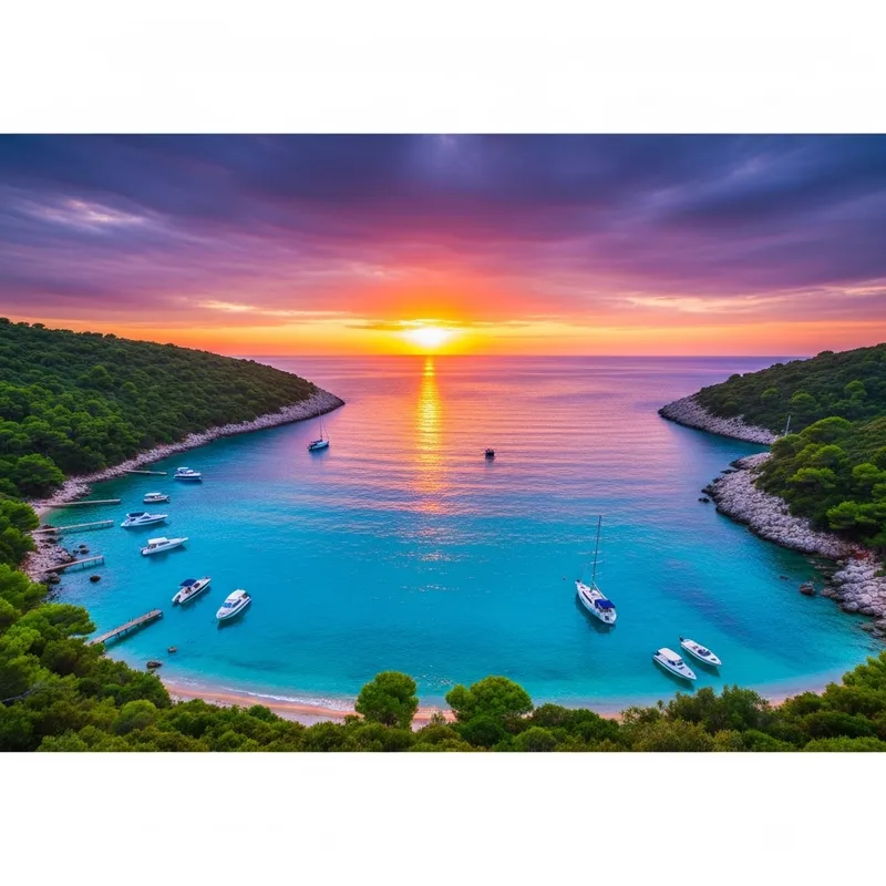 Tranquil Blue Bay Scene: Lush Greenery & Sunset Glow