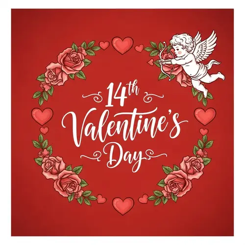 Romantic 14th Valentine's Day Poster Design with Hearts, Roses & Cupid