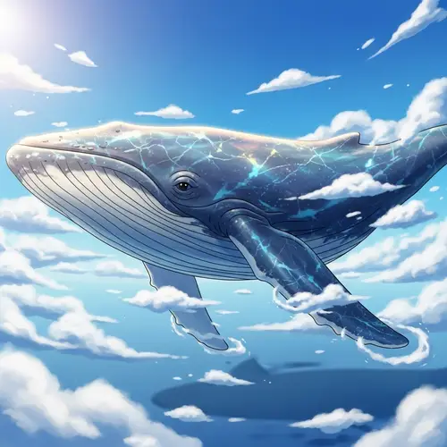 Magnificent Whale Swimming Amongst White Clouds in Blue Sky